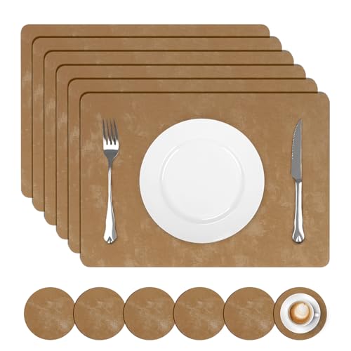 comfoyar Faux Leather Placemats with Coasters Set of 6, 12x17Inch Heat Resistant Dual-Sided Imitation Velvet Light Brown Place Mats, Waterproof Wipeable Table Mats for Kitchen Dining Party Decoration - color: Light Brown, size: 12x17 Inch
