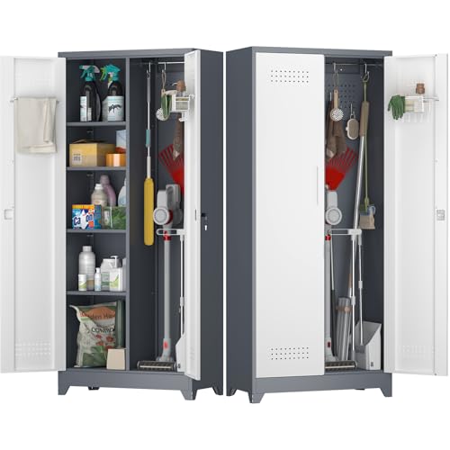 Broom Storage Cabinet, Metal Cabinet with Shelves and Hanging Rod, 72.8" Utility Cabinets with Locking Door, Tall Cleaning Storage for Kitchen, Pantry, Office, Shop, Garage - color: 73"h 2 Doors - Grey/White