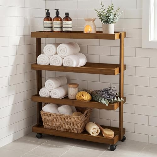4-Tier Narrow Side Table with Wheels, Solid Wood Slim Rolling Storage Cart, Skinny End Table for Small Spaces, Moving Utility Shelf Organizer for Living Room, Bedroom, Kitchen, Bathroom