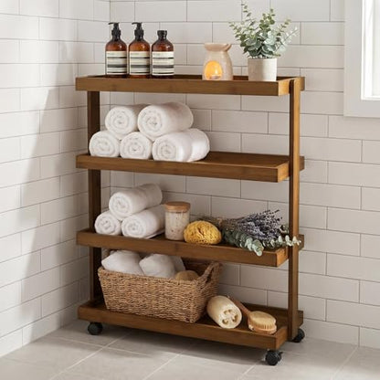 4-Tier Narrow Side Table with Wheels, Solid Wood Slim Rolling Storage Cart, Skinny End Table for Small Spaces, Moving Utility Shelf Organizer for Living Room, Bedroom, Kitchen, Bathroom