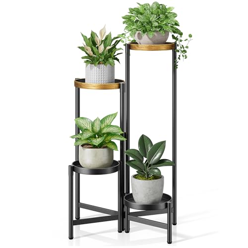 4 Tiered Metal Black Gold Tiered Plant Stands Indoor with 7.9 Inch Wide Tray Corner Folding Plant Stand Tall for Patio Porch Balcony - color: BlackenedGoldDisk