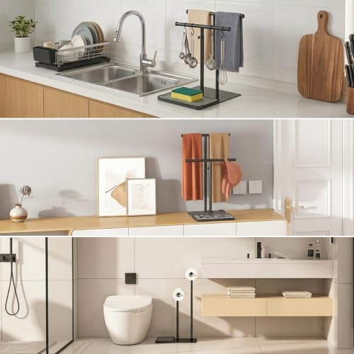 NADAMOO Standing Towel Rack for Bathroom, Adjustable Hand Towel Holder | 13.8"-24" Height, Diatomite Tray, Wide Weighted Base, 2 Bars with 4" Gap for Airflow, Rustproof Black Metal, No Drill