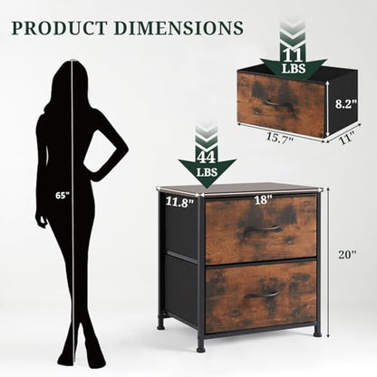 Nightstand Set of 2 Small 2 Drawer Dresser End Table Bedside Furniture | Wooden Top Fabric Bins for Bedroom, Closet, Entryway, Dorm, 11.8" D x 18" W x 20", Brown - color: Brown