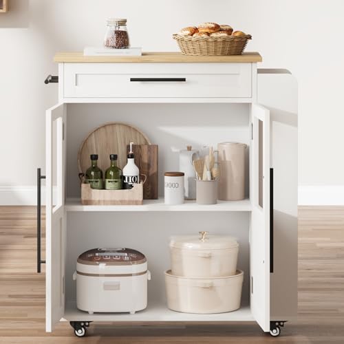 Garvee 36 in Kitchen Island Cart with Solid Wood Top - Farmhouse Mobile Storage Cart with Drawer, 3-Tier Shelves & Locking Wheels for Small Kitchens (White & Natural)