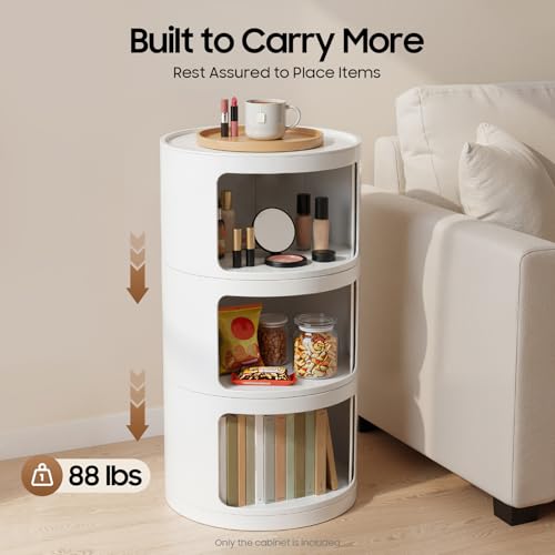 3 Tier Round Bedside Table, Round Storage Cabinet, Narrow Storage Cabinet for Bedroom Living Room Small Spaces (White) - color: White