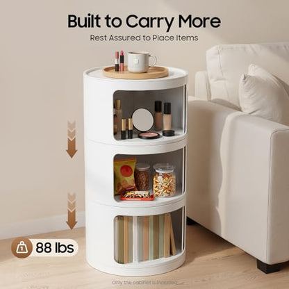 3 Tier Round Bedside Table, Round Storage Cabinet, Narrow Storage Cabinet for Bedroom Living Room Small Spaces (White) - color: White