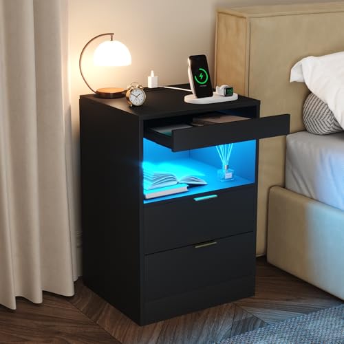 Gadroad Night Stand, LED Nightstand with Charging Station, Wood Bedside Table, End Table Sofa Couch Side Table with Pull-Out Shelf, Black - color: Black