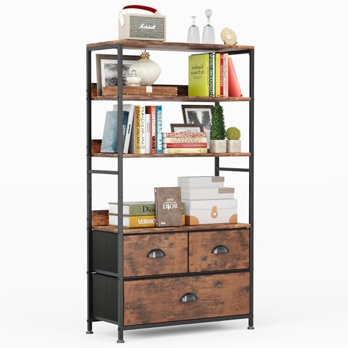 6 Tier Bookshelf, 47-Inch Small Bookcase with 3 Fabric Storage Drawers, Wood and Metal Book Shelf Storage Organizer, Industrial Display Standing Shelf Unit for Bedroom, Living Room, Rustic Brown - color: Rustic Brown