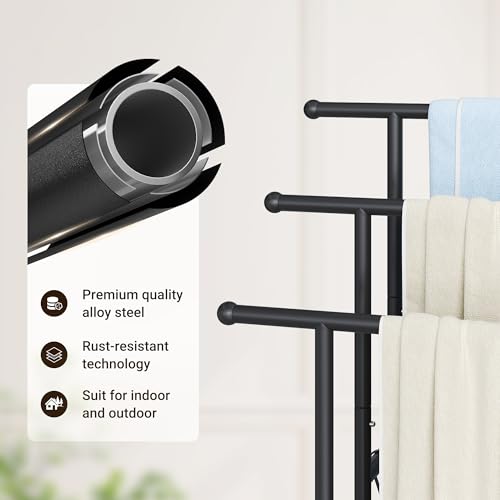 ELYKEN 3 Tier Standing Towel Rack, 40'' Tall Towel Drying Rack Outdoor, Freestanding Floor Towel Rack with Shelf, Pool Towel Blanket Stand, Metal Towel Racks for Bathroom freestanding, Matte Black - color: Black