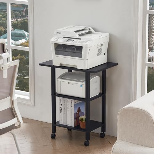 YUFAM 3 Tier Home Printer Stand with Storage, Black | Wooden Mobile Printer Table Shelf, Rolling Printer Cart Shelf with Lockable Wheels fit Fax Machine, Scanner - color: Black, size: 15.75"D×23.65"W×25.7"H