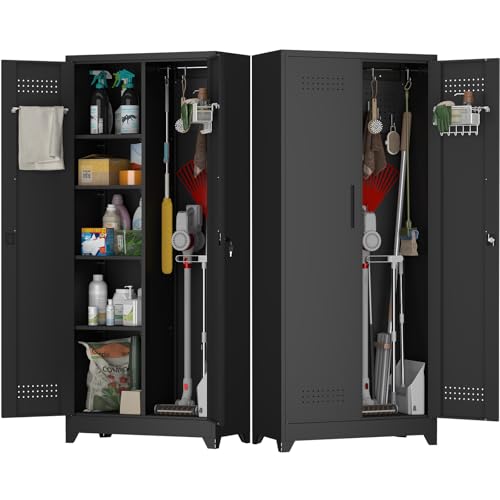 Metal Locking Cabinet, 72.8" Tall Storage Cabinet for Broom, Garage Storage Cabinet with Doors and Shelves, Heavy Duty Tool Cabinet for Home Office, School, Basement,Gym - color: 73"h 2 Doors - Black
