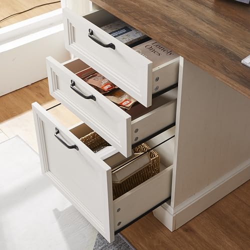 60" Farmhouse Executive Desk with Charging Station,Home Office Desk with 2 Drawers &1 File Cabinet,Wood Work Desk for Office and Home - color: White
