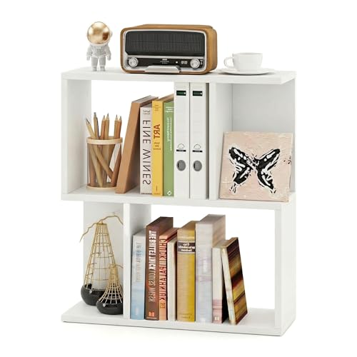 22’’ H Geometric Bookshelf, 2-Tier S-Shaped Floor Bookcase, Freestanding Open Display Book Shelf for Small Spaces, Low Side Table for Living Room & Bedroom (1, White) - color: White