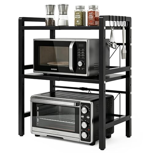Microwave Oven Rack, Heavy Duty 3-Tier Adjustable Shelf Microwave Stand, Expandable Kitchen Countertop Shelf Organizer with 6 Hooks, 100lbs Weight Capacity for kitchen organizers and storage, Black - size: Adjustable 3 Tier