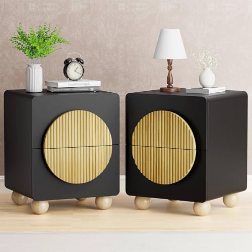 23" Black Nightstand with Solid Wood Legs Set of 2, Modern Style Fluted Bedside Table with Round Moon Handle & Storage, Mid Century Night Stand for Bedroom, Side Table, End Table - color: Yp-black, size: 2 PCS