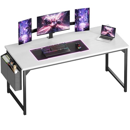 OLIXIS 63 Inch Computer Desk for Home Office, Writing Study Craft Gaming Table, Modern Computer Workstation with Storage Bag for Bedroom Small Spaces, White - color: White, size: 63 Inch without Hook