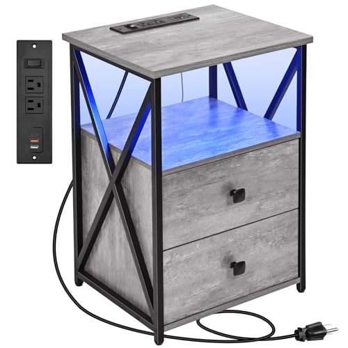 Livofloral Nightstand with Charging Station, End Table with Storage, LED Side Table with USB Ports and Outlets, Bedside Table with Wooden Storage Drawers and Shelves for Bedroom, Living Room, Gray - color: Grey, size: 1 Pack