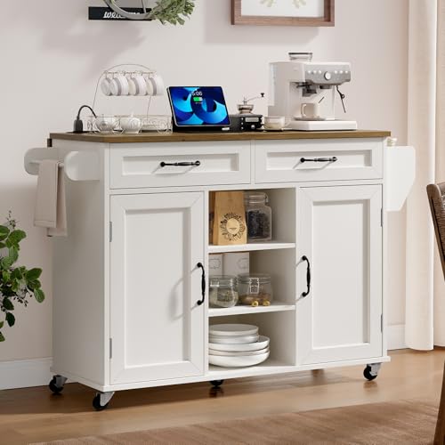 RALGEND Kitchen Island with Storage, Kitchen Rolling Island on Wheels with Power Outlet & Drop Leaf, Kitchen Island Cart with Drawer and Spice Rack, Mobile Island Table for Kitchen,White and Walnut