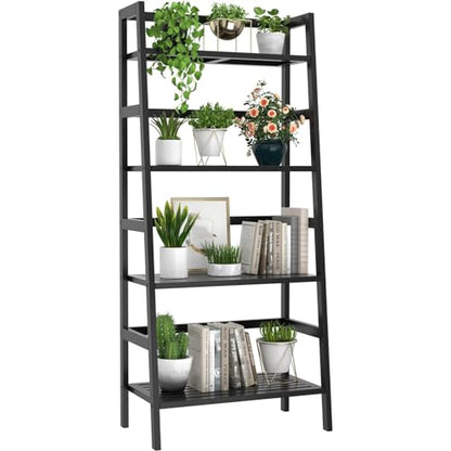 Homykic Bamboo Bookshelf 4-Tier Ladder Shelf, 49.2” Freestanding Open Bookcase Book Shelf Bathroom Storage Shelf Unit Plant Stand for Small Space, Living Room, Bedroom, Home Office, Black - color: Black