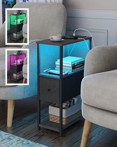 TUTOTAK Small Narrow LED End Table with Charging Station, Side Table Outlets, Nightstand with Cloth Drawer, Set of 2, Couch Table, for Living Room, Bedroom, Bedside, Charcoal Grey TB01BY059 - color: Charcoal Grey, style: 1 Drawer with Plug & Light