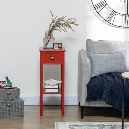 HOMCOM Narrow End Table with Drawer and Bottom Shelf Set of 1 Red | Tall Telephone Table, Skinny Modern Design, for Small Spaces, Living Room - color: Red