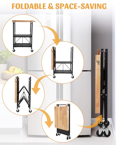 Mythinglogic Foldable Kitchen Storage Cart, 3-Tier Rolling Cart with Solid Oak Top, Heavy-Duty Metal Utility Rack for Microwave, Pots, Dish Set, Meal Prep Area, Kitchen Island on Lockable Wheels - size: 25.39"D x 19.6"W x 35.82"H