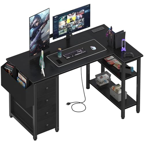 Lufeiya L Shaped Gaming Desk with Power Outlet, 47 Inch Reversible Corner Computer Desk with Drawers & Storage Shelves for Home Office Bedroom, L-Shaped Teen PC Desks with Fabric Drawer, Black - color: Black, size: 47.2"