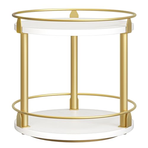 Lazy Susan Organizer, Rotating Spice Rack, 2 Tier Spice Turntable Organizer, Industrial Turntable Spice Holder, for Kitchen Countertop and Cabinet, Compact and Versatile, White and Gold SR22DW - color: White + Gold, size: 10.2"L x 10.2"W x 11"H