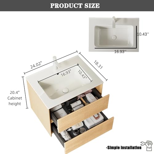 24" Floating Bathroom Vanity with Sink, Wall Mounted Modern Bathroom Cabinet with 2 Soft Close Drawers, Oak & Plywood, Pre-Assembled with Integrated Ceramic Basin – Sedona, Light Oak - color: Light Oak, size: 24 Inch