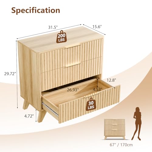 VINGLI Fluted Wood Nightstand 3 Drawer, 31.5" W Mid Century Modern Nightstand Tall, Fluted Bedside Table, End Table, Night Stand for Bedroom, Oak, 31.5" W*15.96" D*29.72" H - color: Oak, size: 31.5"W-3 Drawer