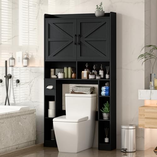 Vabches Over The Toilet Storage Cabinet with Barn Doors, Pure Black | Toilet Cabinet Rack, Space Saving Bathroom Organizer with Shelves, Toilet Paper Holder and Towel Rack for Bathroom,Laundry. - color: Pure Black