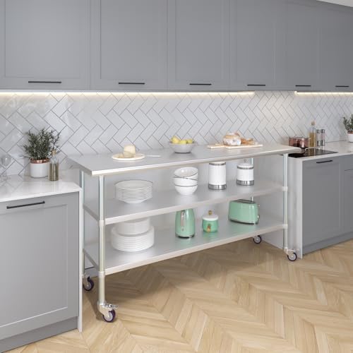 AmGood Stainless Steel Work Table with 2 Shelves and Casters | Metal Utility Table On Wheels (Stainless Steel Work Table with 2 Shelves + Casters, 72" Long x 24" Deep) - size: 72" Long x 24" Deep