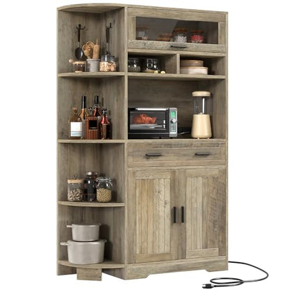 DWVO 67" Farmhouse Kitchen Pantry Cabinet with Storage Cabinet, Ash Gray | Coffee Bar & Charging Station, Buffet Sideboard, Microwave Stand, Hutch Cupboard for Dining Room Kitchen Living Room - color: Ash Gray