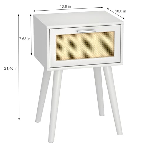 LAATOOREE Table, Nightstand Set of 2 - Small End Table with Rattan Door, Boho Style for Bedroom Living Room - White - color: White, style: Boho Style