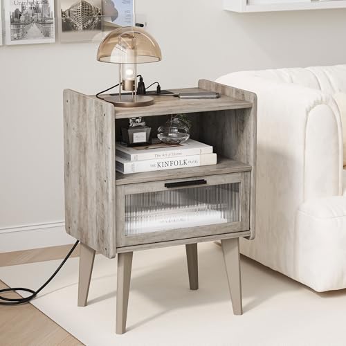 MMEOLUOOK Nightstand with Charging Station, Bedside Tables Oak Grey End Table Side Table with 2 Tiers Storage Space, for Bedroom Living Room MLBZ07GE - color: Oak Gray