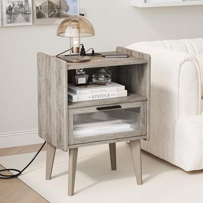 MMEOLUOOK Nightstand with Charging Station, Bedside Tables Oak Grey End Table Side Table with 2 Tiers Storage Space, for Bedroom Living Room MLBZ07GE - color: Oak Gray