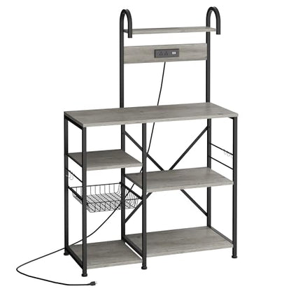 Shintenchi Kitchen Bakers Rack with Power Outlet, Multifunctional Organizer & Storage with 6 Hooks, Microwave Oven Stand, and Coffee Station Shelf, Grey - color: Gray