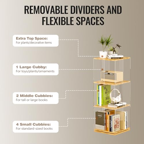 TAKEKIT 3-Tier Rotating Bookshelf, 360° Spinning Book Shelf Tower with Solid Wood & Clear Acrylic, Square Revolving Bookcase for Kids Room, Living Room, Bedroom and Office - color: Natural Square, size: 3-Tier