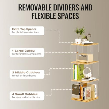 TAKEKIT 3-Tier Rotating Bookshelf, 360° Spinning Book Shelf Tower with Solid Wood & Clear Acrylic, Square Revolving Bookcase for Kids Room, Living Room, Bedroom and Office - color: Natural Square, size: 3-Tier