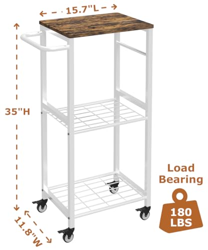 Kitchen Microwave Stand Cart with Storage Rack, 3-Tier Rolling Kitchen Side Table on Wheels with 8 Hooks, Utility Small Coffee Shelf Organizer for Living Room, Bedroom, Bathroom, Office, White