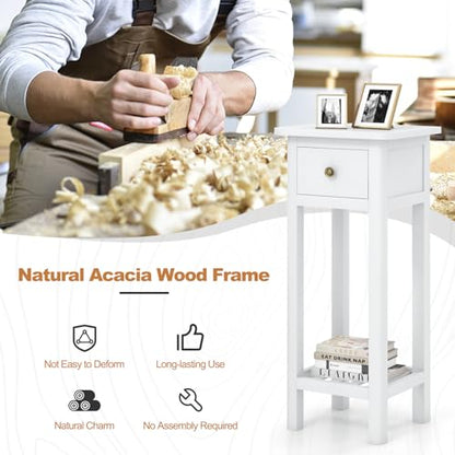 Tangkula 2-Tier Narrow Side Table with Drawer, Acacia Wood Tall End Table for Small Spaces, Farmhouse Slim Bedside Table with Open Shelf, Nightstand for Living Room, Bedroom, No Assembly (2, White) - color: White