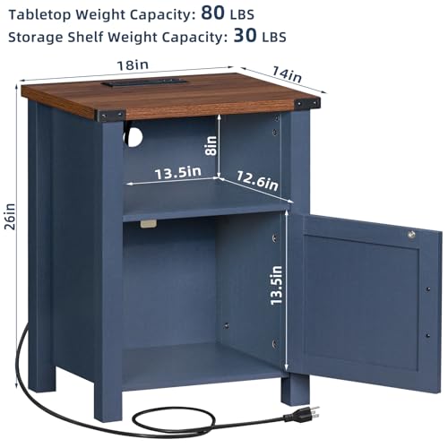 Joaxswe Night Stand Set of 2, 18 Inch Farmhouse Nightstand with with Charging Station and USB Port, Rustic Couch End Table with Magnetic Door, Wood Bed Side Tables for Bedroom, Home, Navy Blue - color: Navy Blue