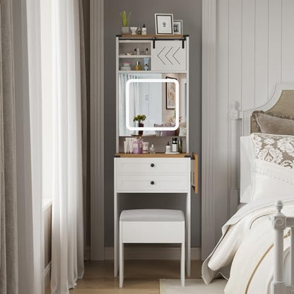 ARTETHYS Farmhouse Small Vanity Desk with Mirror Cabinet & Storage Chair | Mini Makeup Vanities Set with Fold-up Panel, White Dressing Table with 3 Adjustable Lights for Compact Space - color: White and Brown