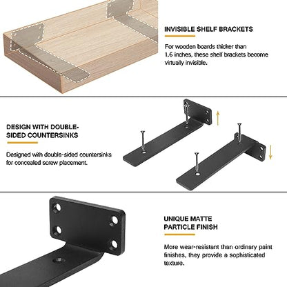 HITOMEN Heavy Duty Floating Shelf Brackets, 8-Inch (1/5'' Thick) Hidden Shelves Hardware, Iron L Brackets, Rustic Industrial Black Metal Wall Shelving Supports, 8 Pack - size: 8 Inch, style: 8 Pack