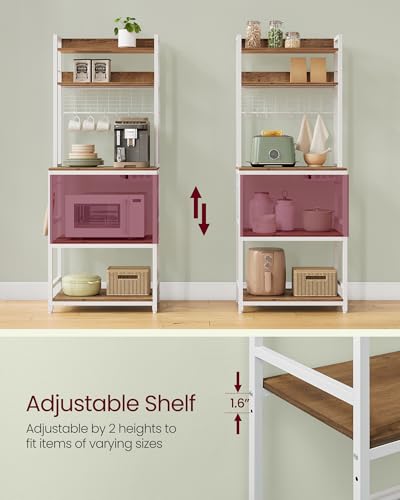VASAGLE Bakers Rack with Power Outlet, Microwave Stand, Kitchen Tall Utility Storage Shelf, with Metal Wire Panel, 14 Hooks, 15.7 x 23.6 x 66.9 Inches, Rustic Walnut and Cloud White UKKS037W41 - color: Rustic Walnut + Cloud White, size: 23.6"W