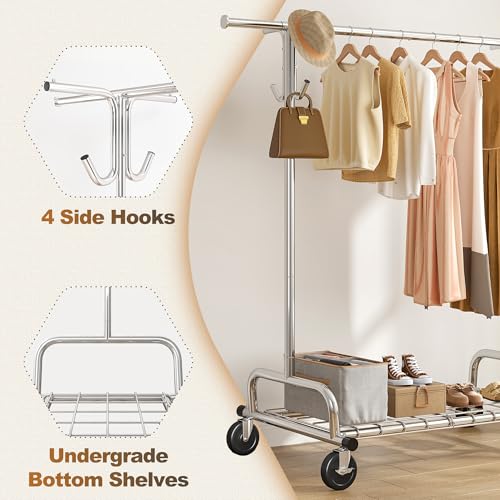 Raybee Heavy Duty Clothes Rack Rolling Garment Rack with Extra Hanging Hook | Expandable, Height Adjustable, Tool-free Assembly, 360° Lockable Wheels, Rolling Clothing Rack for Bedroom Laundry Room - color: Chrome, style: Mesh Shelf
