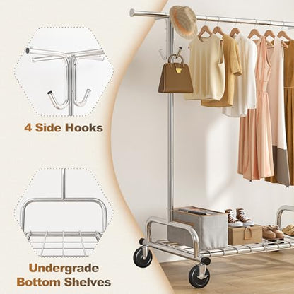 Raybee Heavy Duty Clothes Rack Rolling Garment Rack with Extra Hanging Hook | Expandable, Height Adjustable, Tool-free Assembly, 360° Lockable Wheels, Rolling Clothing Rack for Bedroom Laundry Room - color: Chrome, style: Mesh Shelf