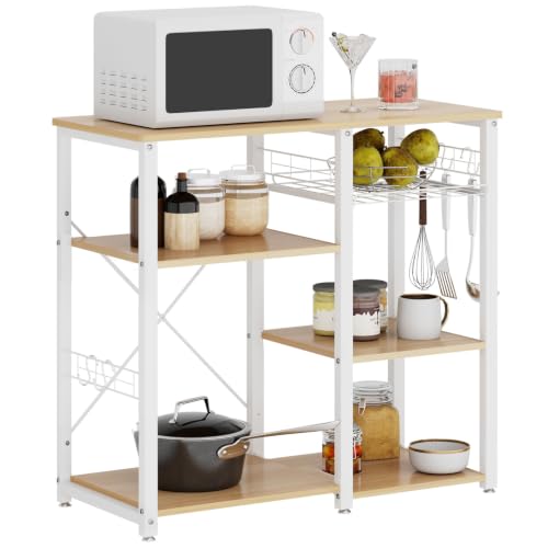 soges 3-Tier Kitchen Baker's Rack, Compact Microwave Stand, White Oak | Space-saving for Apartments, Kitchen, Pantry, Living Room, Sliding Storage Basket, 5 Hooks, Sturdy X-Frame, Easy Assembly - color: White Oak