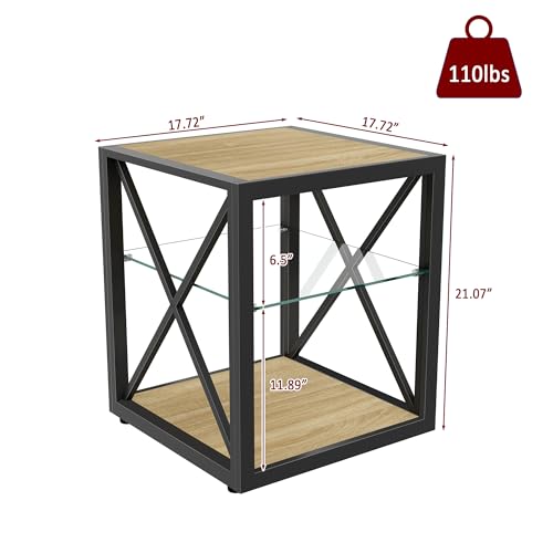 Industrial Side Table with 3-Tier Storage – Tempered Glass Shelf, X-Frame Metal Design, Natural Wood Finish, Compact End Table for Living Room, Bedroom or Office(Product G)