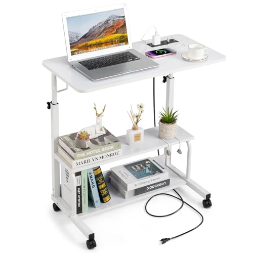 Karl home 31.5" Portable Rolling Desk on Wheels,Height Adjustable Standing Desk with 2 AC Outlets/3 USB Ports,Mobile Laptop Table with Hooks and Storage Shelves for Home Office,White - color: White, size: 31.5"+Power Sockets